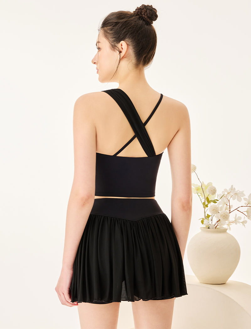 Mesh Tennis Set with Asymmetrical Strap Tank Top and Skirt