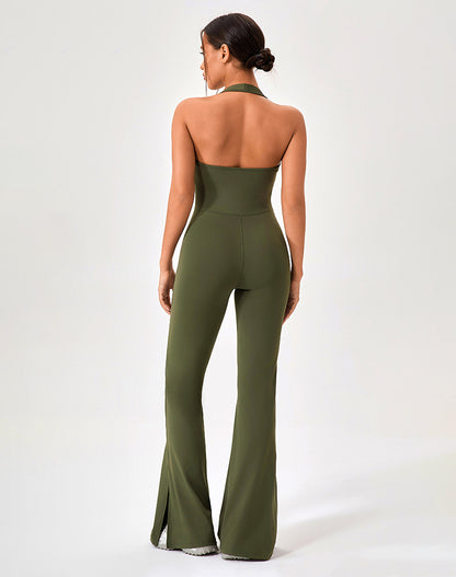 Halter Neck Flare Jumpsuit One Piece Side Split Yoga Rompers