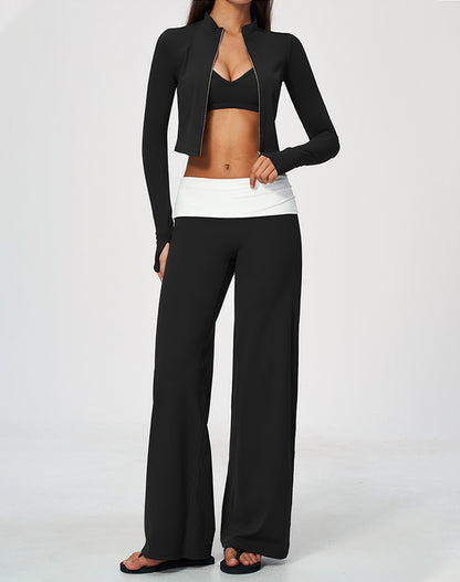 3 Piece Sports Bra Cropped Jacket and Fold Over Flare Pant