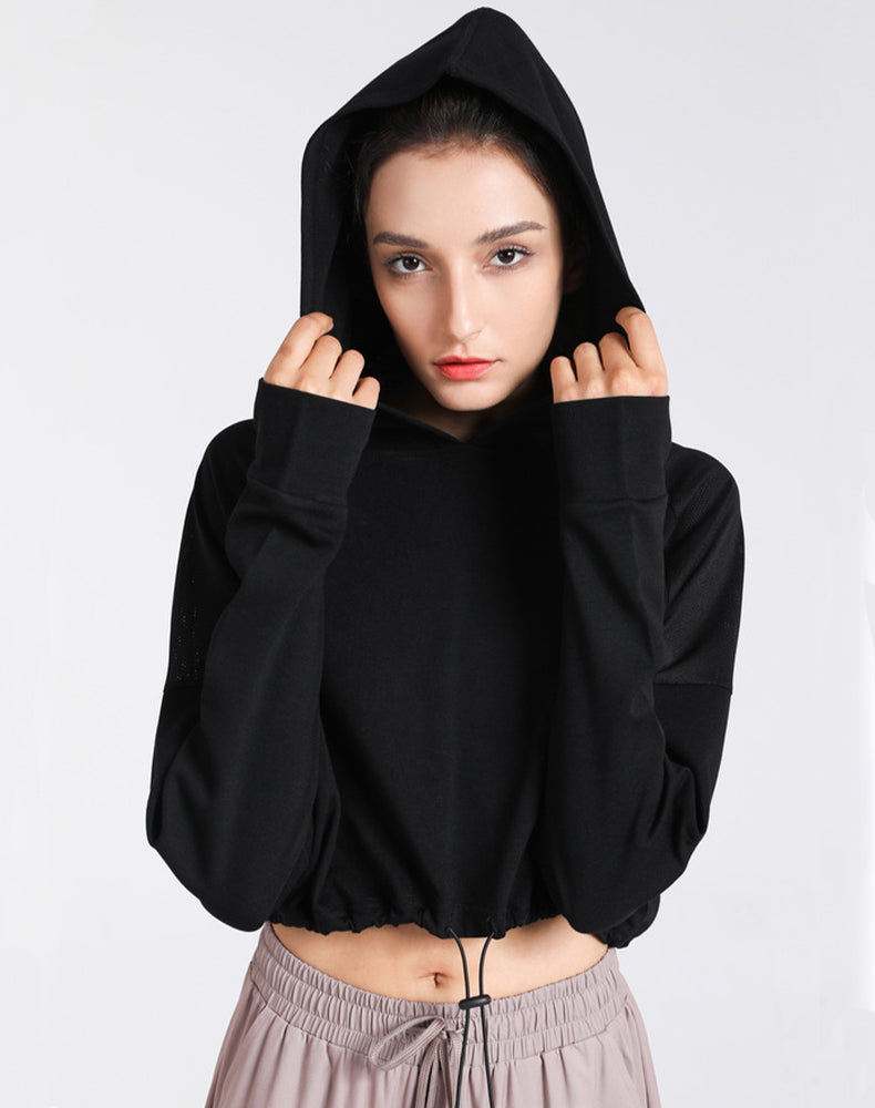 Drawstring Cropped Hoodies with Thumb Holes