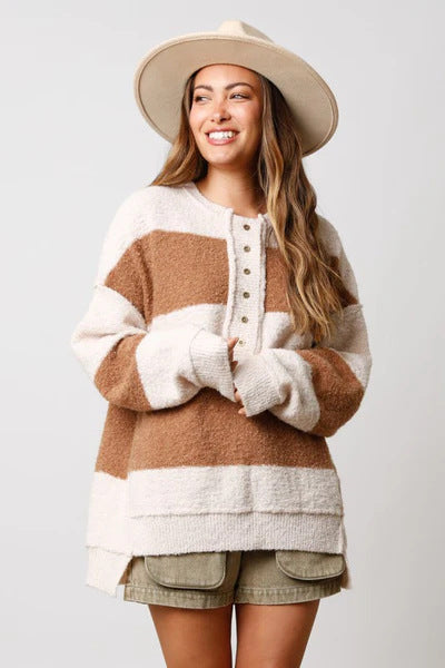 Half Button Color Block Pullover Sweater