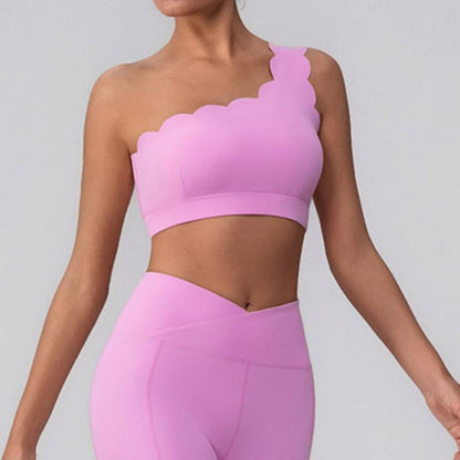 Wavy One Shoulder Sports Bra Tank Top with Removable Pads
