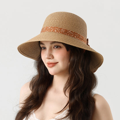 Summer Beach Sun Protection Straw Hat with Floral Bowknot