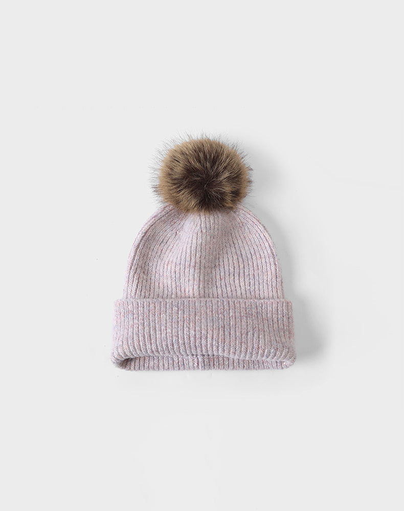 Winter Knitted Beanie Hat with Faux Fur Pom