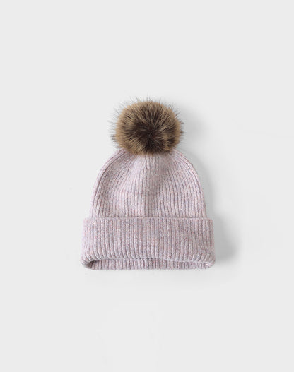 Winter Knitted Beanie Hat with Faux Fur Pom