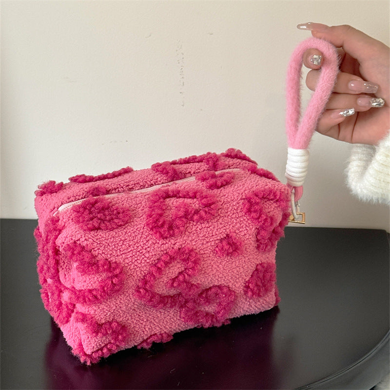 Cute Plush Heart Cosmetic Bag with Hanging Lanyard