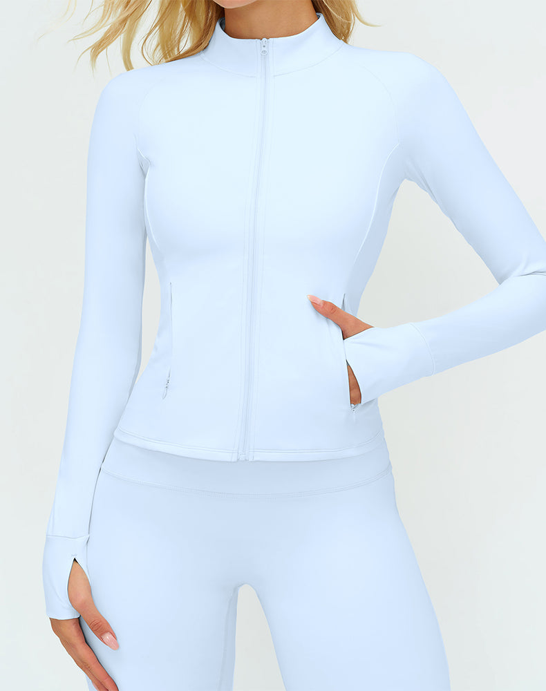 Cropped Athletic Jacket with Pockets and Thumb Holes