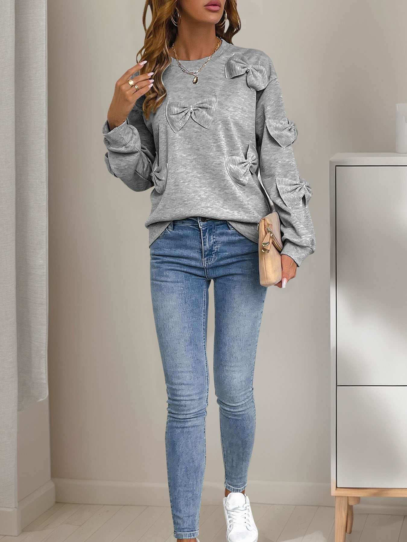 Bows Oversized Crewneck Long Sleeve Sweatshirt | Perfect for Everyday