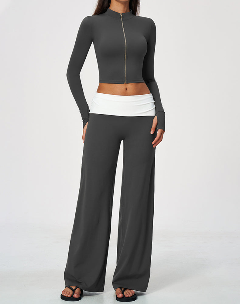 2 Piece Full Zip Cropped Jacket and Fold Over Flare Pant