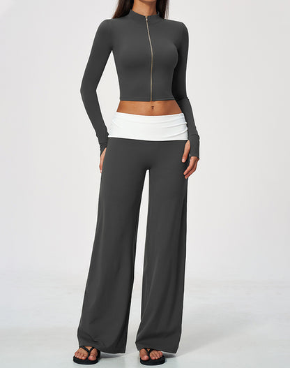 2 Piece Full Zip Cropped Jacket and Fold Over Flare Pant