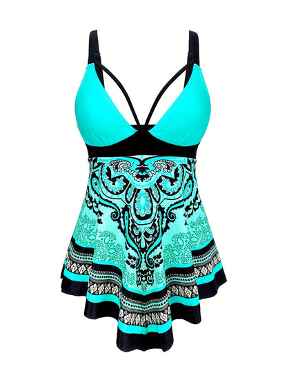 Tribal Print V Neck Hanky Hem High Cut Swimsuits