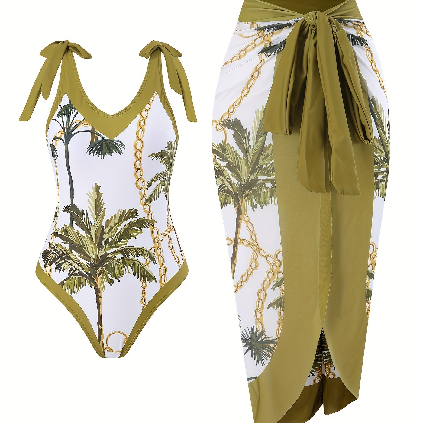 2 Piece Stretchy Coconut Tree Chain Print Swimsuits