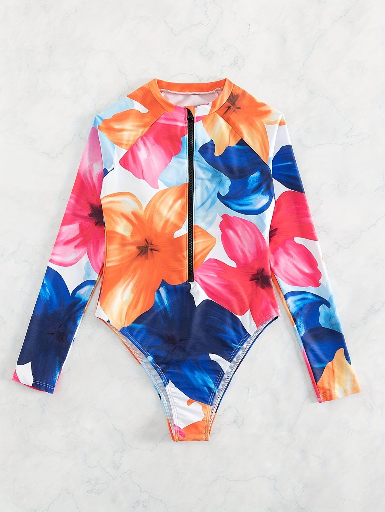 Floral Pattern One-piece Long Sleeve Swimsuit