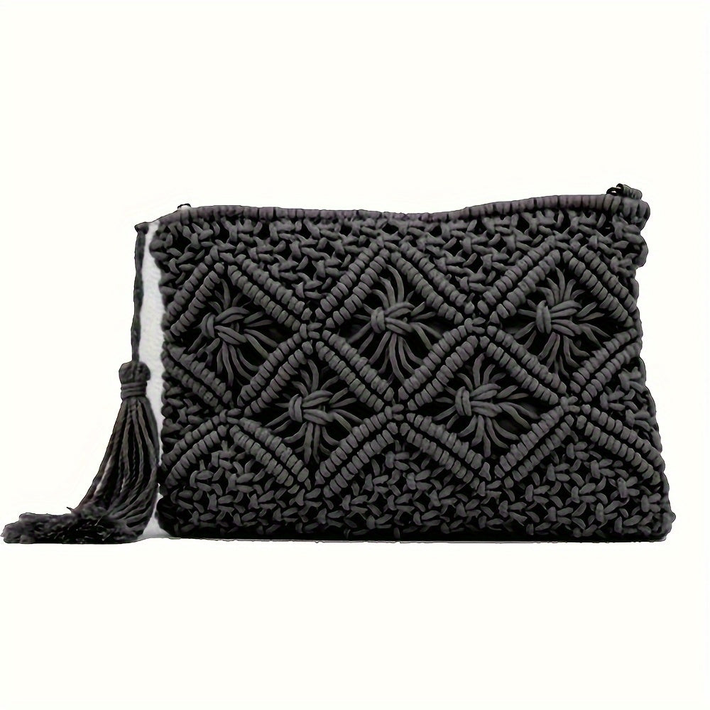 Geometric Print Fabric Straw Woven Clutch Bag