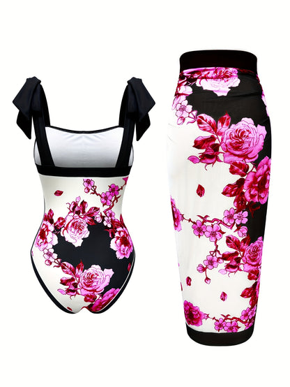 Floral Pattern 2 Piece Swimsuits with Bow Tie Shoulder Straps One-piece Bathing-suit &amp; Cover Up Skirt