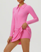 Long Sleeve Zip Polo Collar Tennis Dress with Built in Short