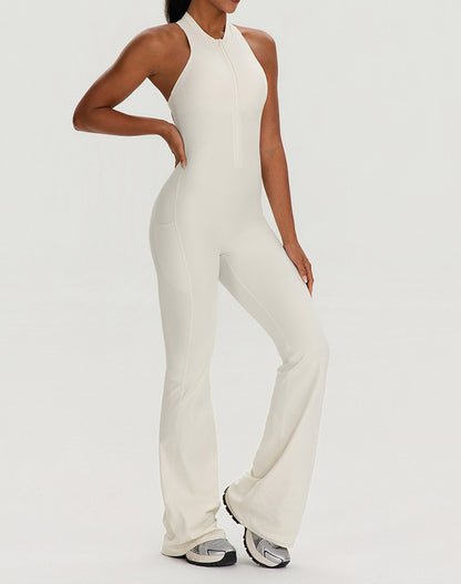 Zipper Racerback Yoga Bodysuit Flare Jumpsuit with Pockets