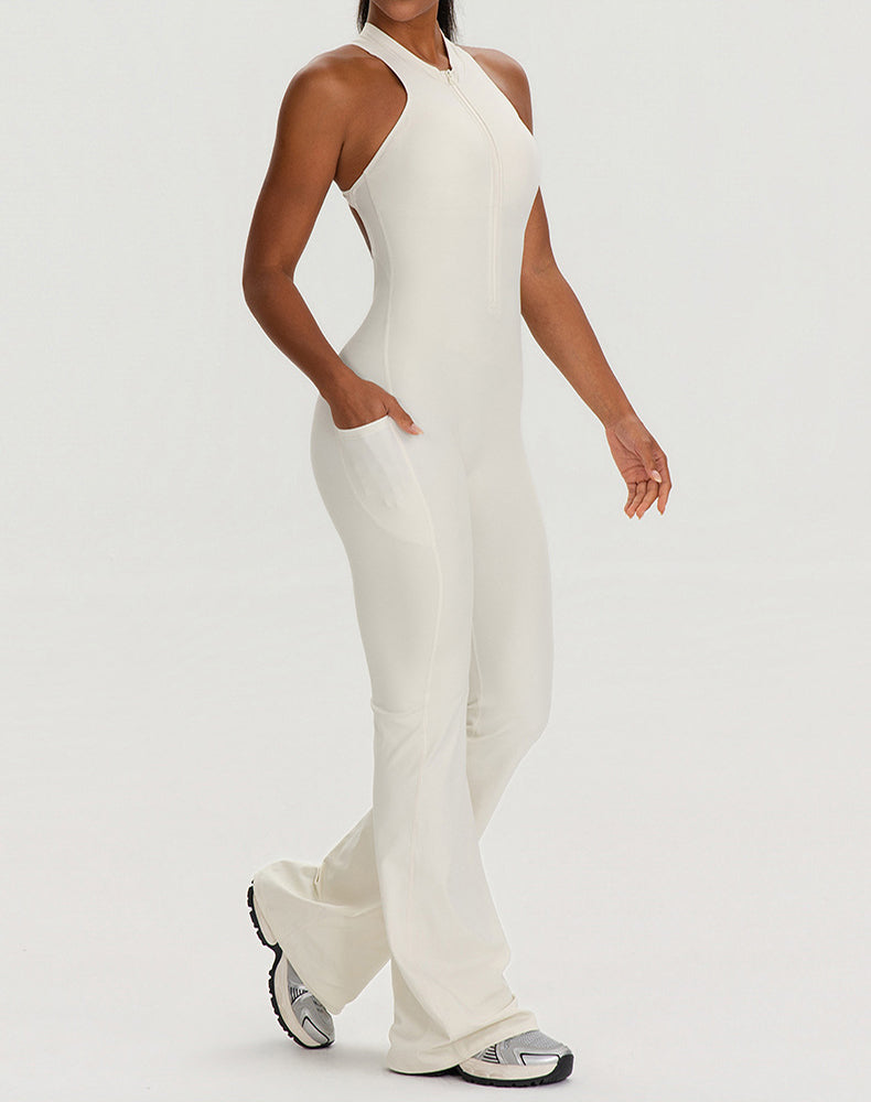 Zipper Racerback Yoga Bodysuit Flare Jumpsuit with Pockets