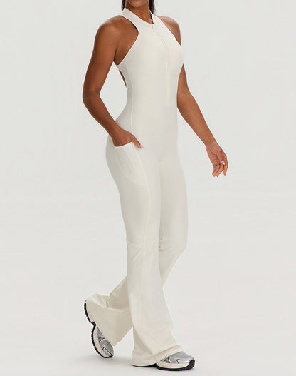 Zipper Racerback Yoga Bodysuit Flare Jumpsuit with Pockets