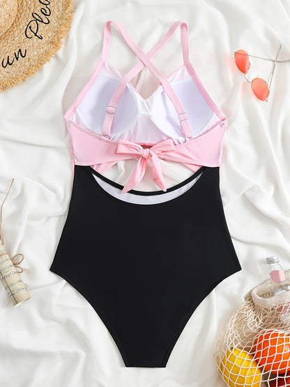 Color Block Twist Cut Out Stretchy One-piece Swimsuit