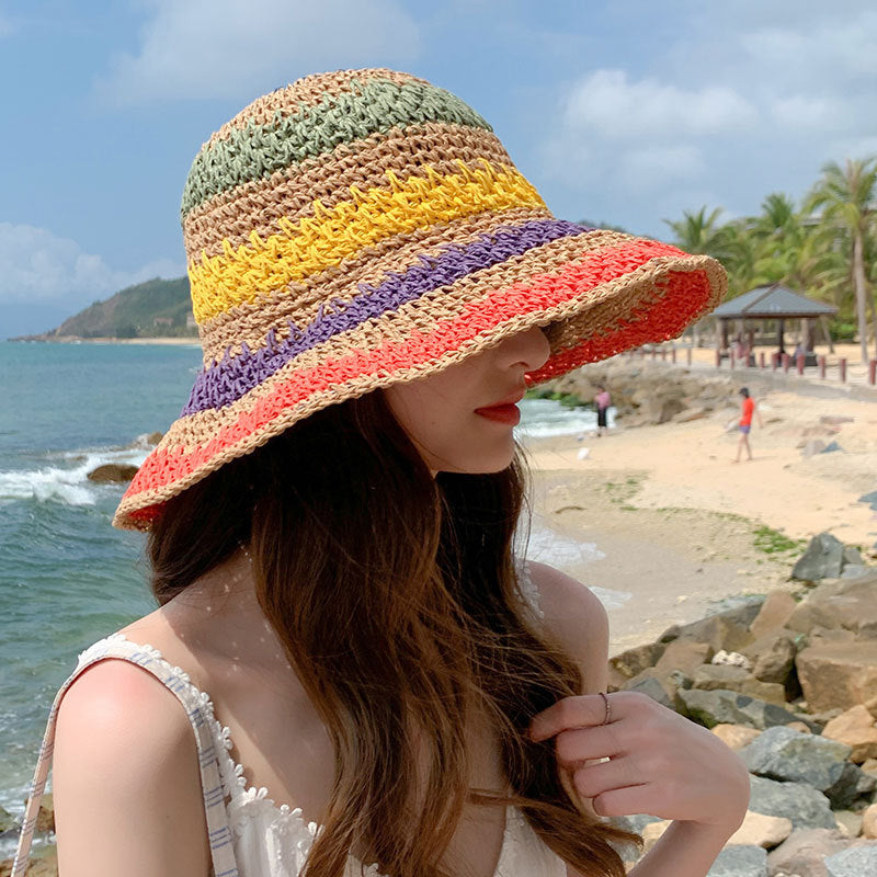 Rainbow Sun Protection Crochet Bucket Hat for Summer Vacation