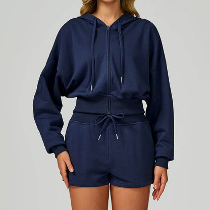Long Sleeve Full Zip Up Crop Drawstring Hoodie Jacket