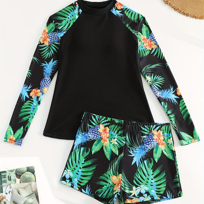 Tropical Chic Long Sleeve Patchwork Tankini Set