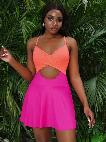 Solid Color Skirted One-piece Swimsuit