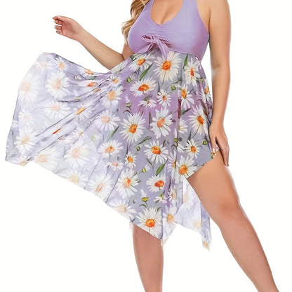 Plus Size Floral Print Irregular Hem Dress &amp; Panty Swimsuit Set