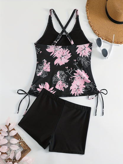 Floral Print Drawstring Criss Cross 2 Piece Tankini Set