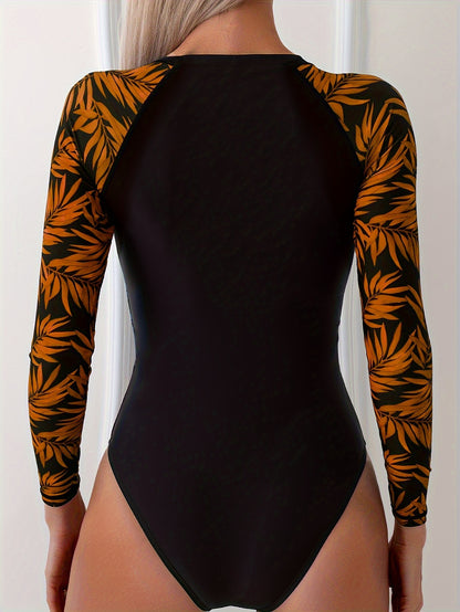 Leaf Print Zipper Long Sleeve One-piece Swimsuit