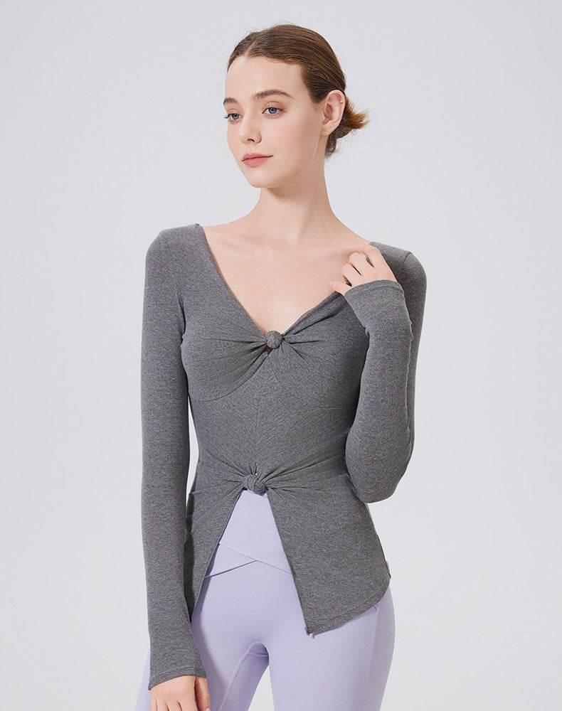 V Neck Twist Knot T-Shirts Long Sleeve Split Slim Fit Tops