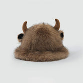 Winter Faux Fur Cow Bucket Hat Fuzzy Cute Animal Horns Cap