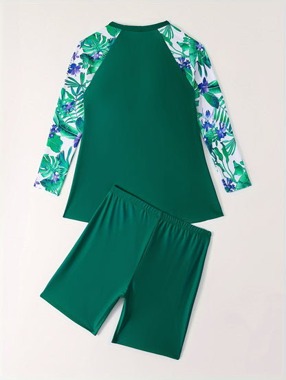 Plus Size Tropical Long Sleeves Swimwear Set