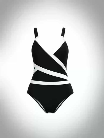 Black &amp; White Color Block V Neck One-piece Swimsuit