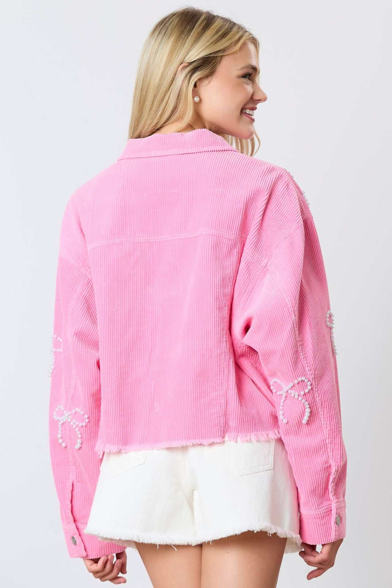 Pearl Bow Cropped Corduroy Jacket | Chic &amp; Trendy Layering Piece