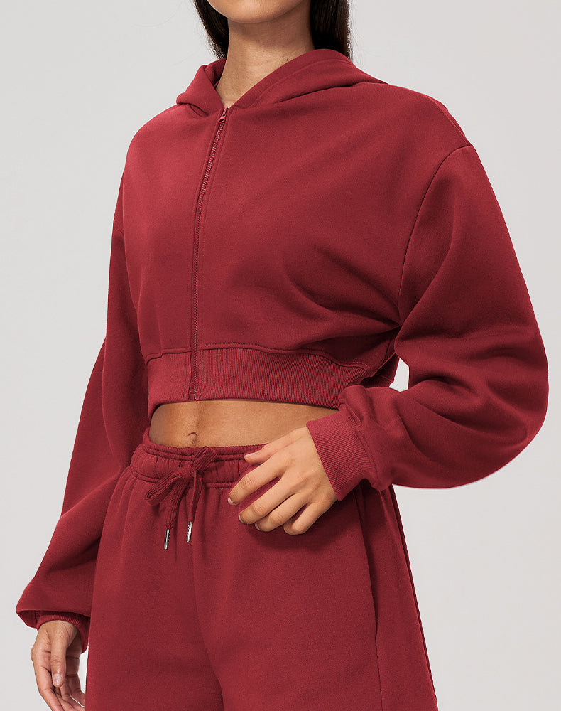 Long Sleeve Full Zip Cropped Casual Hooded