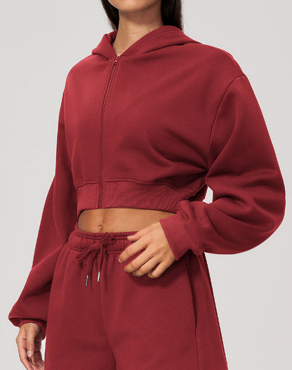 Long Sleeve Full Zip Cropped Casual Hooded