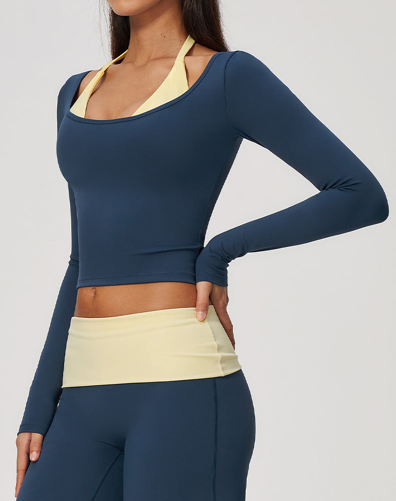 Faux Two Piece Color Block Long Sleeve Sports T-Shirts