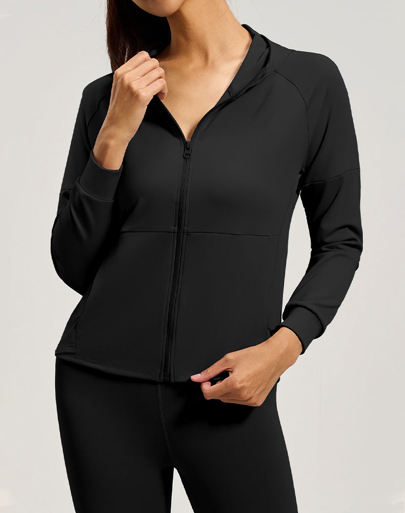 Long Sleeve Hooded Zip Up Casual Crop Coat with Pockets