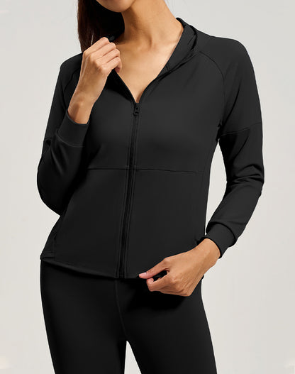 Long Sleeve Hooded Zip Up Casual Crop Coat with Pockets