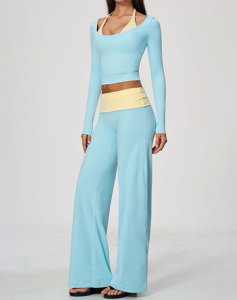2 Piece Long Sleeve Sports T-Shirt and Fold Over Flare Pant