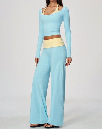 2 Piece Long Sleeve Sports T-Shirt and Fold Over Flare Pant