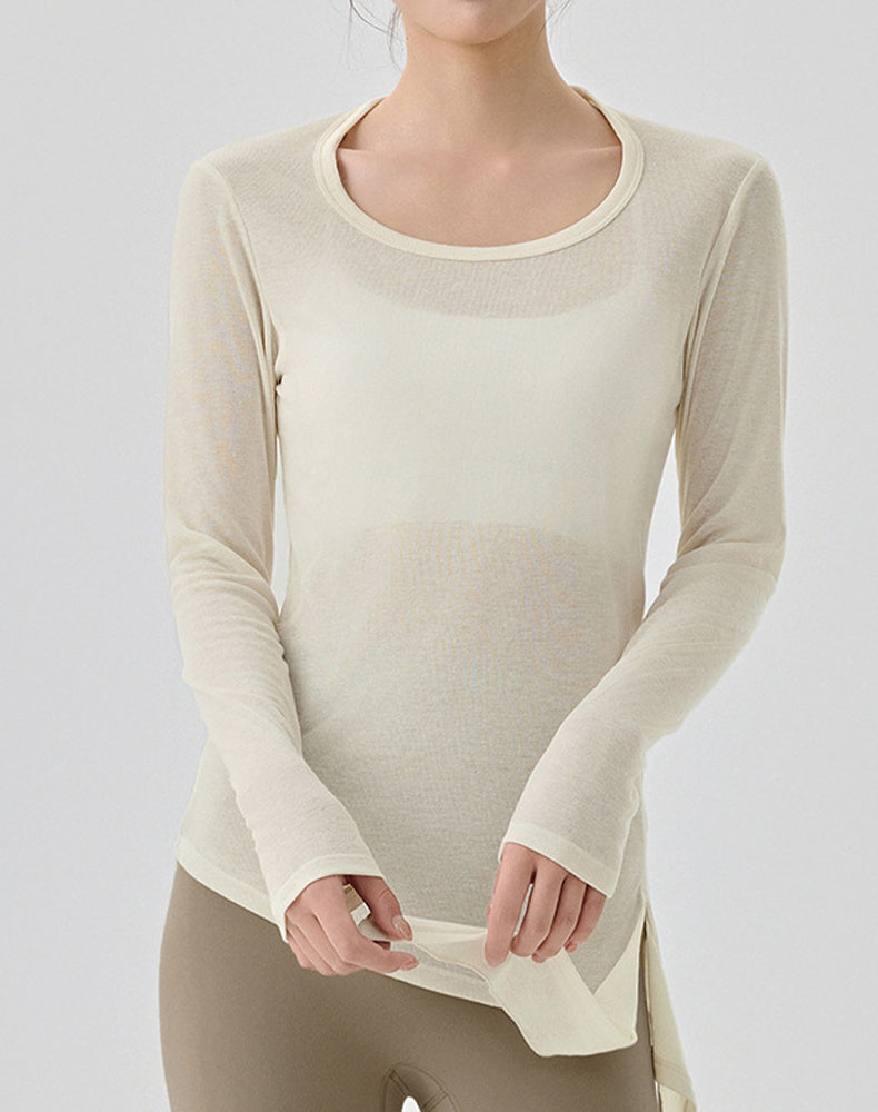 Side Slits Tie Long Sleeves Mesh Yoga Shirts