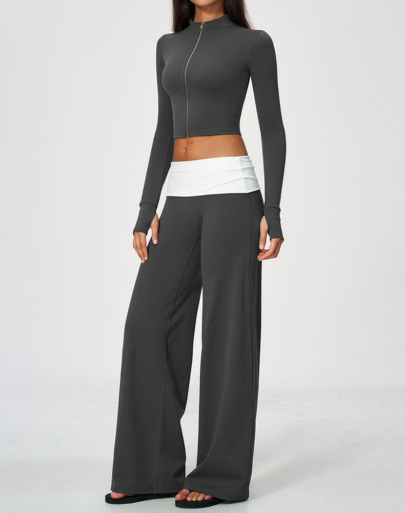 2 Piece Full Zip Cropped Jacket and Fold Over Flare Pant