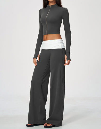 2 Piece Full Zip Cropped Jacket and Fold Over Flare Pant