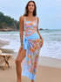 Floral Print One Piece Swimsuit with Cover Up Sarong Skirt - Light Blue Two Piece