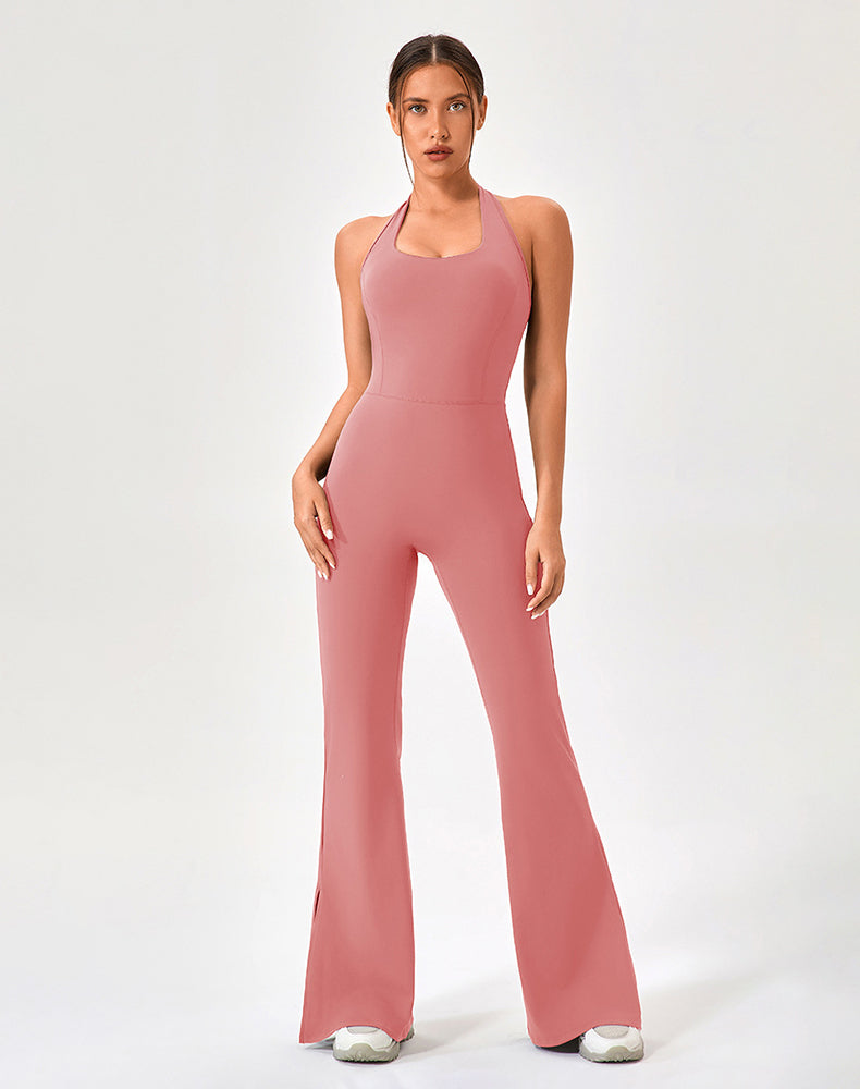 Halter Neck Flare Jumpsuit One Piece Side Split Yoga Rompers