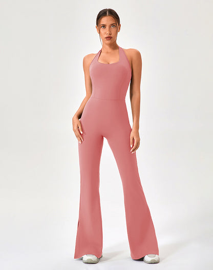 Halter Neck Flare Jumpsuit One Piece Side Split Yoga Rompers