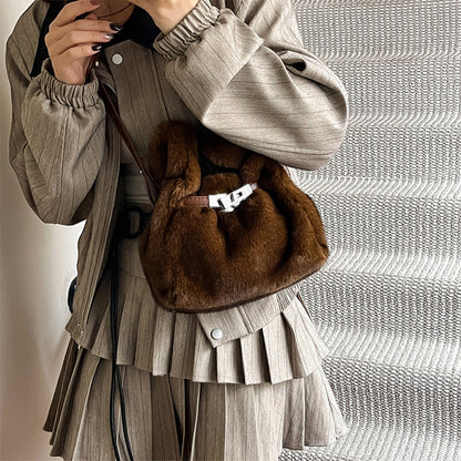 Fuzzy Shoulder Handbag Fluffy Plush Bucket Crossbody Bag